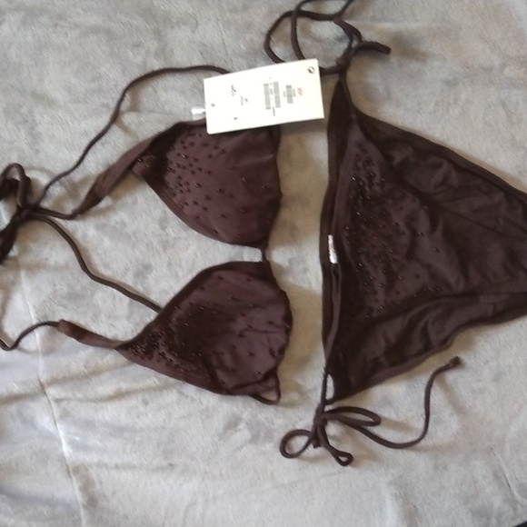 H&M women's brown beaded bikini top and bottom size 8 swimwear New - Picture 5 of 13